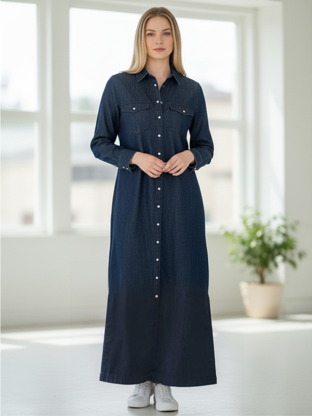 Classic Navy Jean Maxi Shirt Dress - Women
